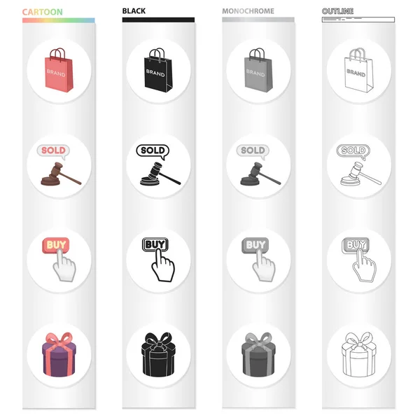 Shopping bag, sale at auction, buy button, purchase,gift wrapping. Sale and purchase set collection icons in cartoon black monochrome outline style vector symbol stock illustration web. — Stock Vector
