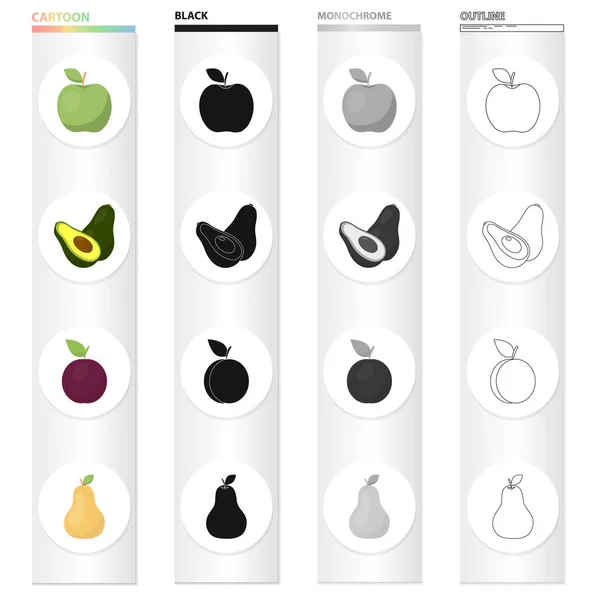 Green apple, ripe avocado, plum fruit, pear. Fruits set collection icons in cartoon black monochrome outline style vector symbol stock illustration web. — Stock Vector