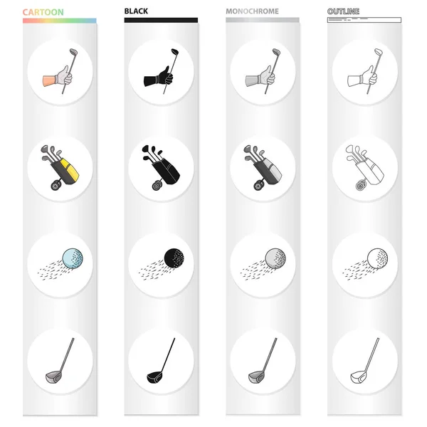 Palo de golf en la mano, putter en la bolsa, pelota en vuelo, palo. Golf set colección iconos en dibujos animados negro monocromo contorno estilo vector símbolo stock ilustración web . — Archivo Imágenes Vectoriales