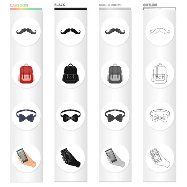 Hipster mustache, stylish backpack, bow tie, mobile phone in hand. Hipster style set collection icons in cartoon black monochrome outline style vector symbol stock illustration web. — Stock Vector