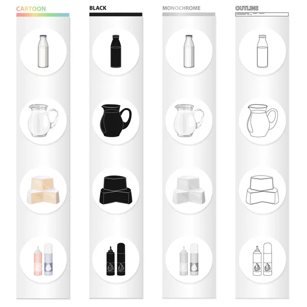 A bottle of milk, a jug, a piece of cheese, whipped cream. Milk set collection icons in cartoon black monochrome outline style vector symbol stock illustration web. — Stock Vector