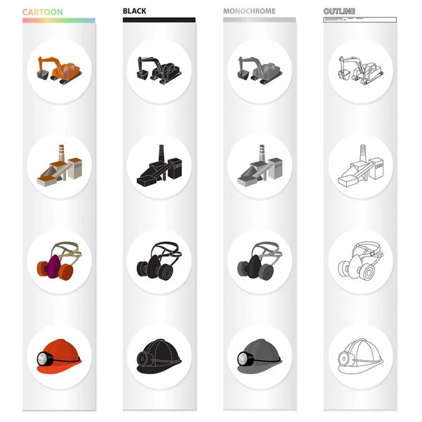 Escavadora de montanha, construção de minas, respirador de protecção, mineiro capacete. Indústria de mineração conjunto coleção ícones em desenhos animados preto monocromático esboço estilo vetor símbolo estoque isométrico ilustração web . —  Vetores de Stock