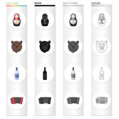 Rusya, ülke, müzik ve diğer web simgesi karikatür tarzı. Akordeon, enstrüman, müzik, simgeler koleksiyon küme..