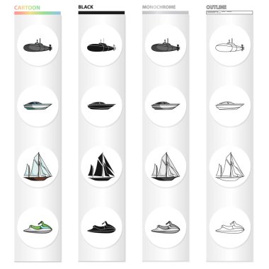 Ulaşım, su, denizaltı ve diğer web simgesi karikatür tarzı. Boş zaman, vapur, küme koleksiyon başlatma simgeleri.