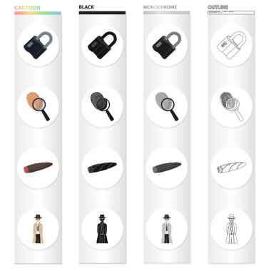 Kesinti, suç, soygun ve diğer web simgesi karikatür tarzı. Kilit, metal, menteşeli, küme koleksiyon simgeler.