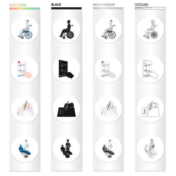 En patient i en rullstol, resultatet av en kardiogram, ett extrakt av ett recept, en tandläkare. Medicinen som samling ikoner i tecknad svart monokrom kontur stil vektor symbol stock — Stock vektor