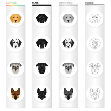 Dalmaçyalı, terrier, çoban ve diğer web simgesi karikatür tarzı. Köpek, hayvan, ana sayfa, simgeler koleksiyonu ayarla.