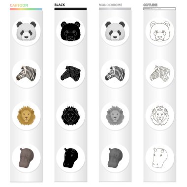 Vahşi hayvan panda, zebra, aslan, su aygırı. Gerçekçi hayvan toplama simgeler çizgi film siyah tek renkli anahat stili vektör simge stok çizim web içinde ayarla..