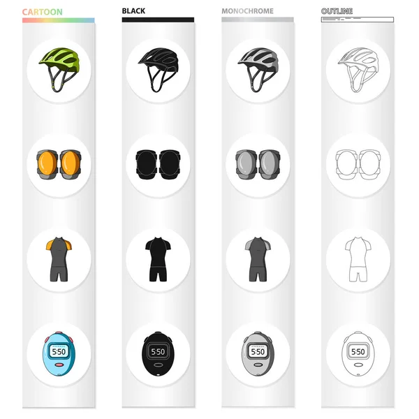 Ποδήλατο στολή κινουμένων σχεδίων εικονίδια μαύρο περίγραμμα μονόχρωμη σετ συλλογής για το σχεδιασμό. Ποδήλατο και εργαλείο σύμβολο μετοχής web εικονογράφηση διάνυσμα. — Διανυσματικό Αρχείο