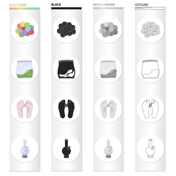 Pastillas de éxtasis, una droga en el paquete, piernas con una etiqueta, un dispositivo para fumar, una pipa. Drugs set collection icons in cartoon black monochrome outline style vector symbol stock illustration web . — Archivo Imágenes Vectoriales