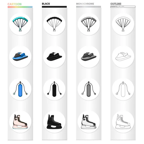 Parachute extreme sports, water scooter, equipment for diving, hockey skate. Extreme sport set collection icons in cartoon black monochrome outline style vector symbol stock Isometric illustration web