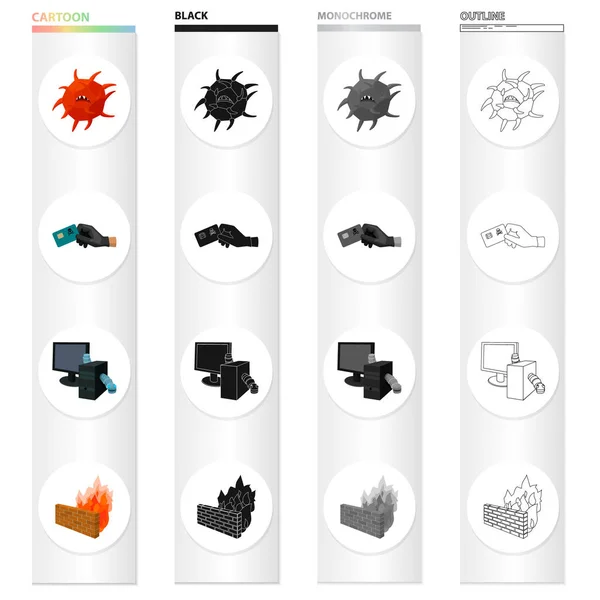 신용 카드 해킹, 컴퓨터 시스템, 위험한 바이러스, 방화벽에서에서 웜. 만화 블랙 단색 개요 스타일 벡터 기호 재고 일러스트 웹에서 해커와 해킹 집합된 컬렉션 아이콘. — 스톡 벡터