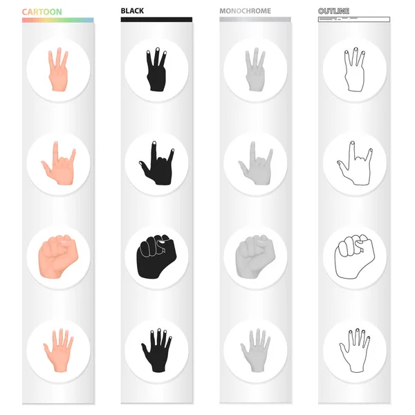Diferentes gestos con manos, puño, dedo índice. Gestos conjunto de iconos de colección en dibujos animados negro monocromo contorno estilo vector símbolo stock ilustración web . — Archivo Imágenes Vectoriales