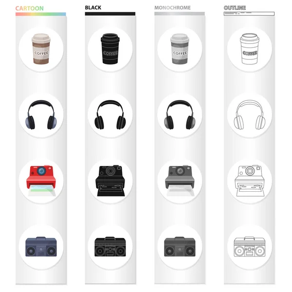 A glass of coffee, an earphone, a camera polaroid, a music center. Hipster style set collection icons in cartoon black monochrome outline style vector symbol stock illustration web. — Stock Vector