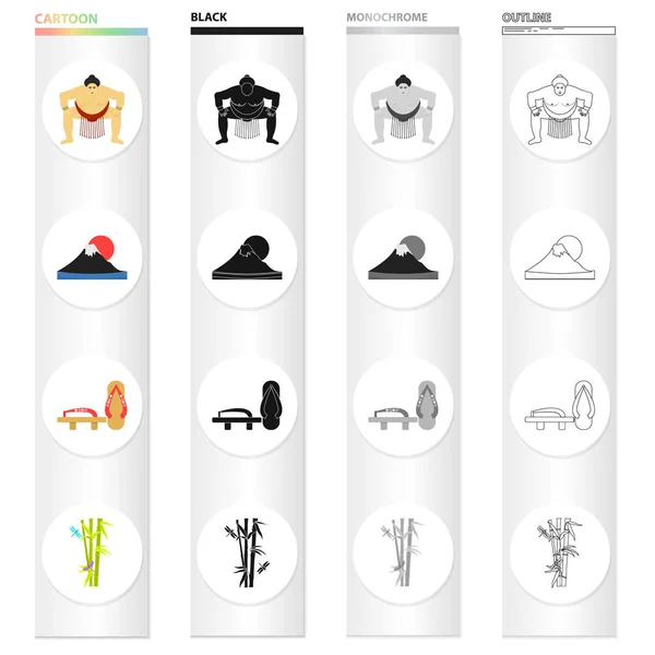 Sumo wrestler, Mount Fuji, bamboo, Japanese shoes, geta.Japan set collection icons in cartoon black monochrome outline style vector symbol stock illustration web. — Stock Vector