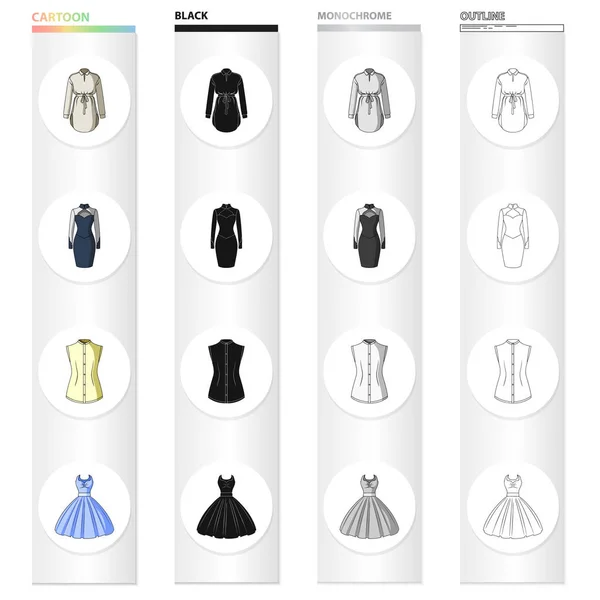 Roupão feminino, vestido de noite, roupas de colete, vestido de baile. Conjunto de roupas femininas ícones de coleção em desenhos animados preto monocromático estilo vetor símbolo estoque ilustração web . —  Vetores de Stock