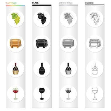 Bir sürü beyaz üzüm, şarap varil, bir şişe alkol, şarap. Şarap yapımı toplama simgeler çizgi film siyah tek renkli anahat stili vektör simge stok çizim web içinde ayarla..