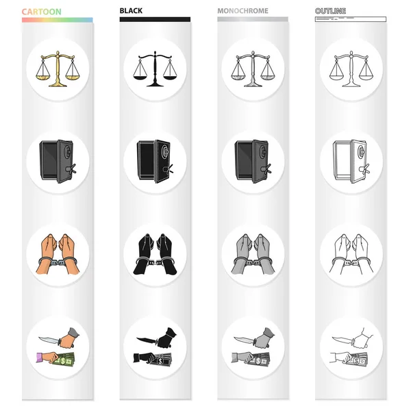 Scales of justice, a safe hacked, a criminal in handcuffs, a robbery. Crime set collection icons in cartoon black monochrome outline style vector symbol stock illustration web. — Stock Vector