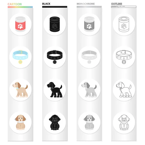 Bank with food, a collar with a medal, a puppy is sitting, it costs.Puppy set collection icons in cartoon black monochrome outline style vector symbol stock illustration web. — Stock Vector