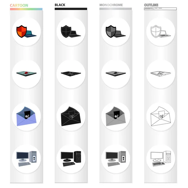 Pajzs részére számítógép, vírus és tabletta, szaggató köhögés, mail, számítástechnikai berendezések a zárat. Hacker és hacker set gyűjtemény ikonok raktáron rajzfilm fekete fekete-fehér vázlat stílusú vektor szimbólum — Stock Vector