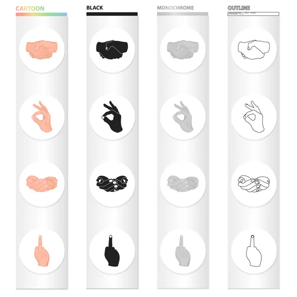 악수, 확인 하 고 다른 제스쳐. 만화 블랙 단색 개요 스타일 벡터 기호 재고 일러스트 웹에 제스처 설정 컬렉션 아이콘. — 스톡 벡터