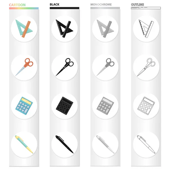 Accessoires scolaires triangle, règle, ciseaux, stylo et calculatrice. École et apprentissage set collection icônes en dessin animé noir monochrome contour style vectoriel symbole stock isométrique illustration web . — Image vectorielle