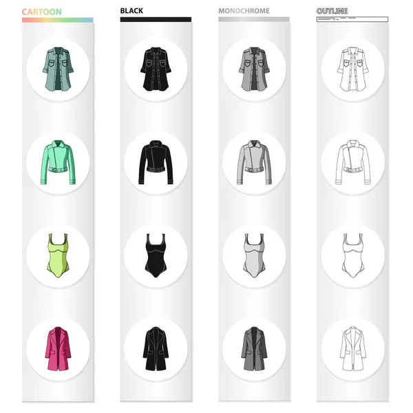 Womens coat, kort jacka, badkläder, Klassisk kappa kläder. Kläder som samling ikoner i tecknad svart monokrom kontur stil vektor symbol stock illustration web. — Stock vektor