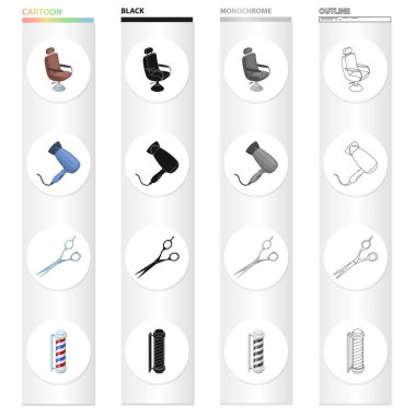 Koltuk, mobilya, deri ve diğer web simgesi karikatür tarzı. Hijyen, kozmetik, berber simgeler kümesi koleksiyonu.