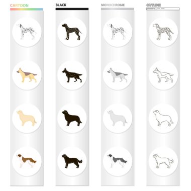 Dalmaçya köpeği, Alman çoban, doğurmak av köpeği, St. Bernard. Köpek ırkları toplama simgeler çizgi film siyah tek renkli anahat stili vektör simge stok çizim web içinde ayarla..