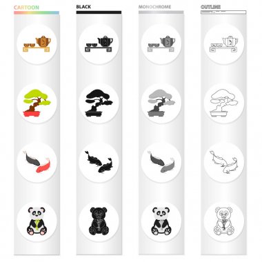 Çay töreni, bonsai ağacı, Japon kutsal sazan, koi, bambu ayı panda. Japonya toplama simgeler çizgi film siyah tek renkli anahat stili vektör simge stok çizim web içinde ayarla..