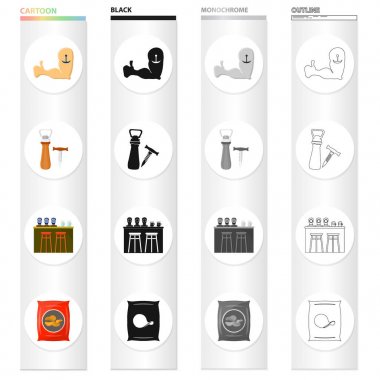 Bir el bir dövme, açıcı ve bir tirbuşon, bir bar sayaç pub, cipsi bir çanta. Pub ve parti çizgi film siyah tek renkli anahat stili vektör simge stok çizimde koleksiyon Icons set