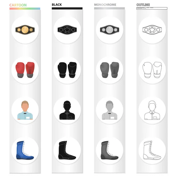 Champion belt, gloves for boxing, referee in the ring, sneakers. Boxing set collection icons in cartoon black monochrome outline style vector symbol stock illustration web. — Stock Vector