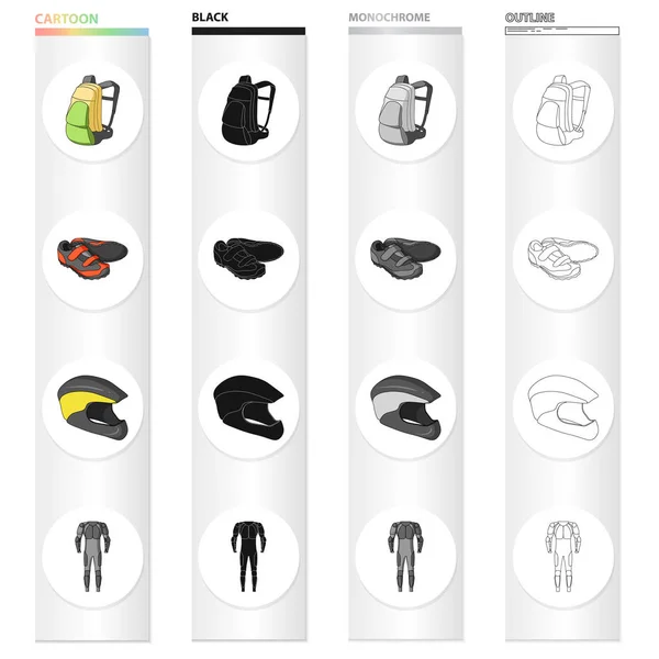 Traje de bicicleta de dibujos animados negro iconos contorno monocromo en la colección de conjuntos para el diseño. Bicicleta y herramienta vector símbolo stock web ilustración . — Vector de stock