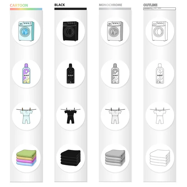 Washing machine, bottle of bleach, drying childrens clothes, a stack of clean linen. Washing and cleaning set collection icons in cartoon black monochrome outline style vector symbol stock Isometric — Stock Vector