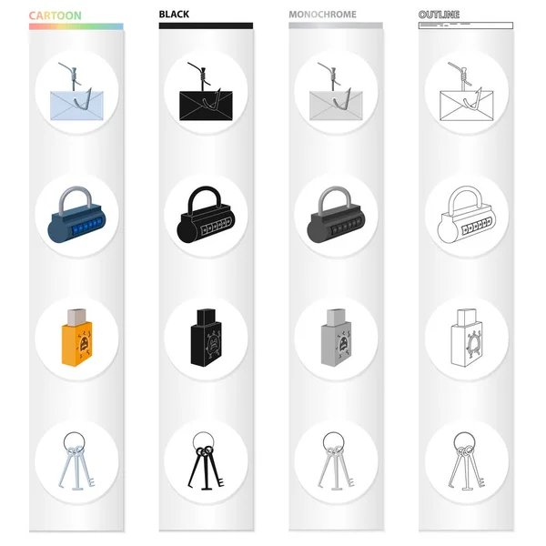 Correio no gancho, a fechadura com o código, a unidade flash infectada, a chave mestra para quebrar. Ícones de coleção de conjunto de hackers e hackers em desenhos animados preto monocromático esboço estilo vector símbolo estoque —  Vetores de Stock