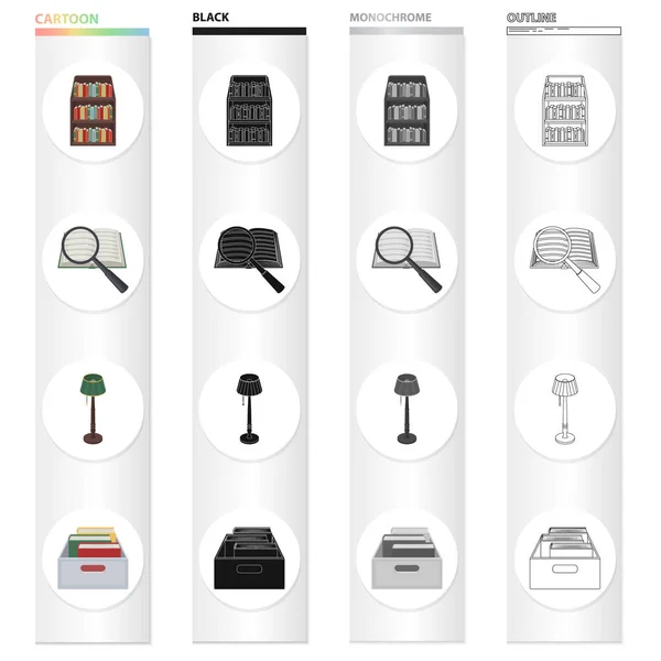 A book and a magnifying glass, a shelf with books in the library, a floor lamp, a box with folders. Library set collection icons in cartoon black monochrome outline style vector symbol stock — Stock Vector