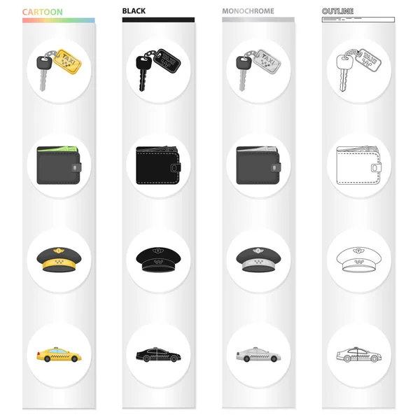 교통, 여행, 액세서리, 그리고 만화 스타일에 다른 웹 아이콘 택시, 지갑, 돈, 아이콘 집합된 컬렉션. — 스톡 벡터