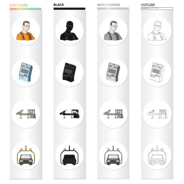 Ekipman ve makine karikatür simgeleri set koleksiyonu tasarım için. Fabrika vektör simge stok web çizim teknik ilerleme.