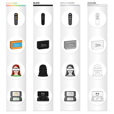 Oyun konsolu ve sanal gerçeklik karikatür simgeleri set koleksiyonu tasarım için. Oyun gadget'lar sembol stok web illüstrasyon vektör.