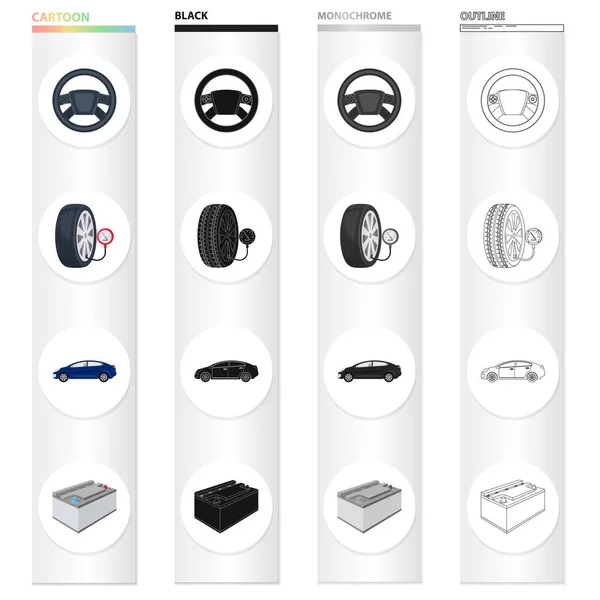 Ícones de desenhos animados de carro, elevador, bomba e outros equipamentos na coleção de conjuntos para design. Estação de manutenção do carro símbolo vetorial ilustração web . — Vetor de Stock