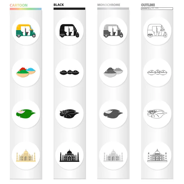 Land India cartoon pictogrammen in set collectie voor design. India en mijlpaal symbool voorraad web vectorillustratie. — Stockvector