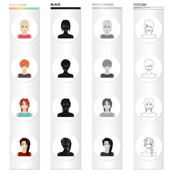 Typer av kvinnliga frisyrer tecknad ikoner i set samling för design. Utseende av en kvinna vektor symbol lager web illustration. — Stock vektor