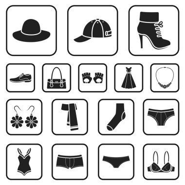 Giysi ve aksesuarları set koleksiyonu tasarım için simgeler siyah. Ayakkabı ve dekorasyon sembol stok web illüstrasyon vektör.