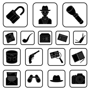 Set koleksiyonu tasarım için simgeler siyah dedektif ve öznitelikleri. Dedektif ajansı vektör simge stok web çizim.
