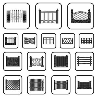 Set koleksiyonu tasarım için farklı çit siyah simgeler. Dekoratif eskrim sembol stok web illüstrasyon vektör.