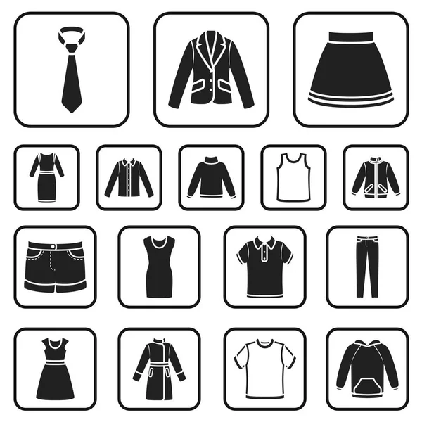 Различные виды одежды черные иконы в коллекции наборов для дизайна. Векторная веб-иллюстрация одежды и стиля . — стоковый вектор