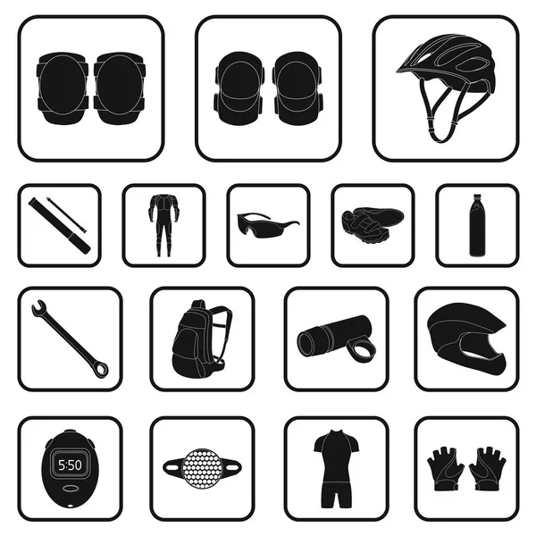 Traje de bicicleta iconos negros en la colección de conjuntos para el diseño. Bicicleta y herramienta vector símbolo stock web ilustración . — Vector de stock