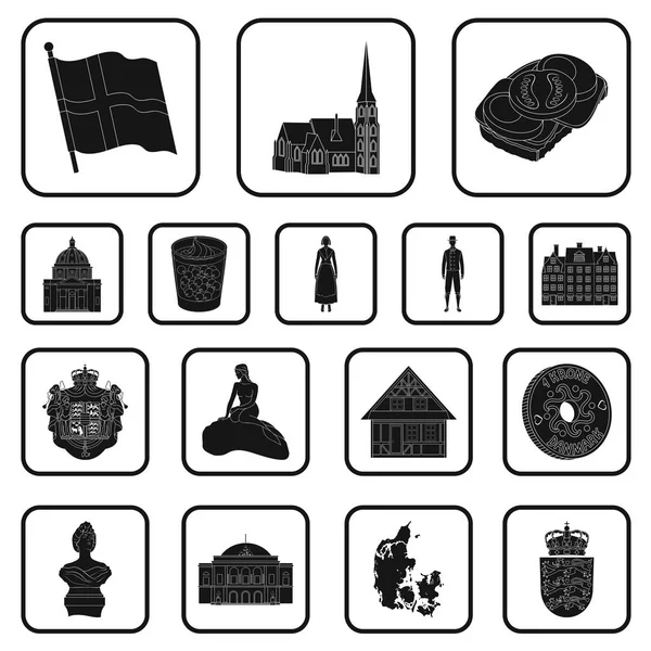 País Dinamarca iconos negros en la colección de conjuntos para el diseño. Viajes y atracciones Dinamarca vector símbolo stock web ilustración . — Vector de stock