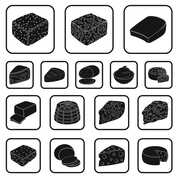 Diferentes tipos de iconos de queso negro en la colección de conjuntos para design.Milk producto queso vector símbolo stock web ilustración . — Vector de stock