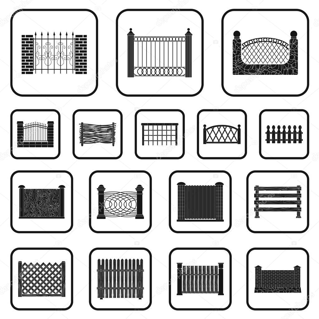 Different fence black icons in set collection for design.Decorative fencing vector symbol stock  illustration.